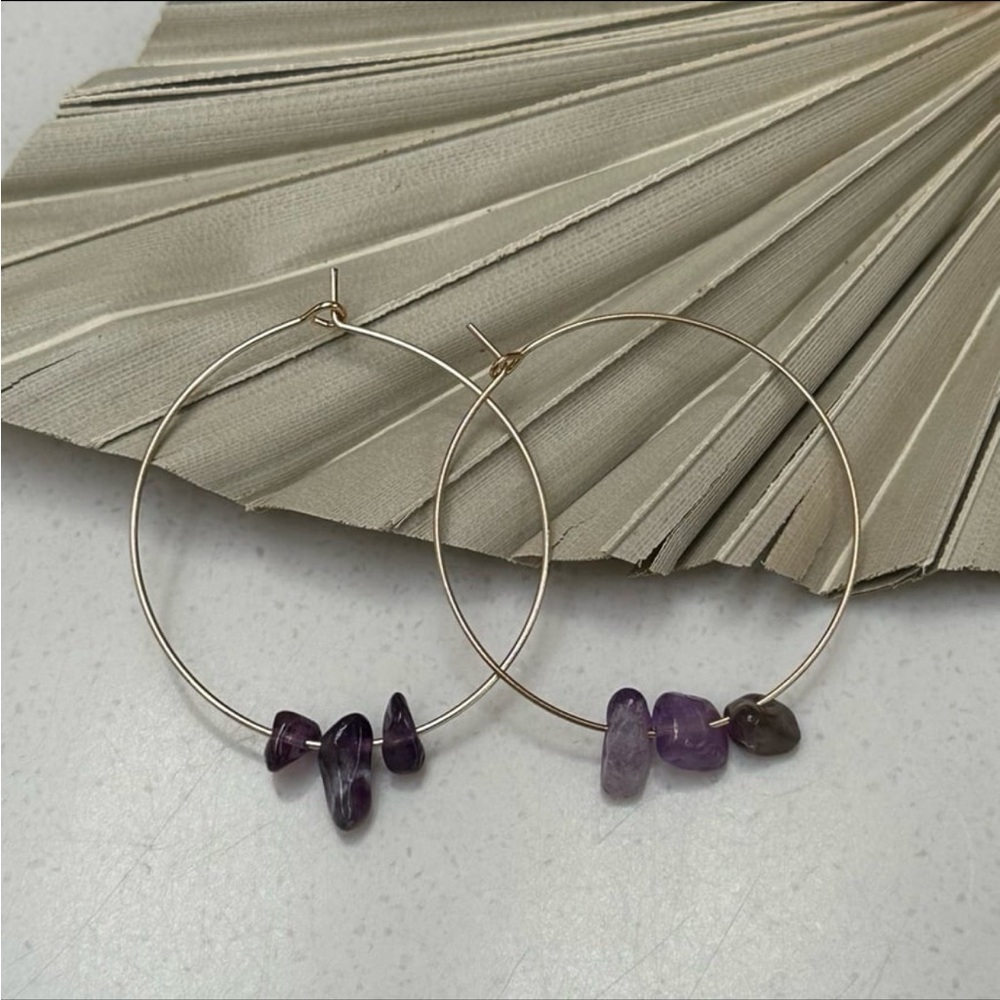 Pair of amethyst beaded wire hoop earrings gold plated 20 gauge new